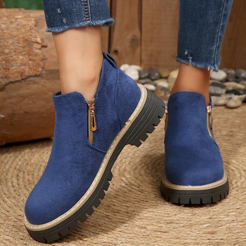 Foreign Trade New Large Size Double Zipper Platform Martin Boots Women's Cross-border Short Tube Round Head Suede Thick Heel and Bare Boots