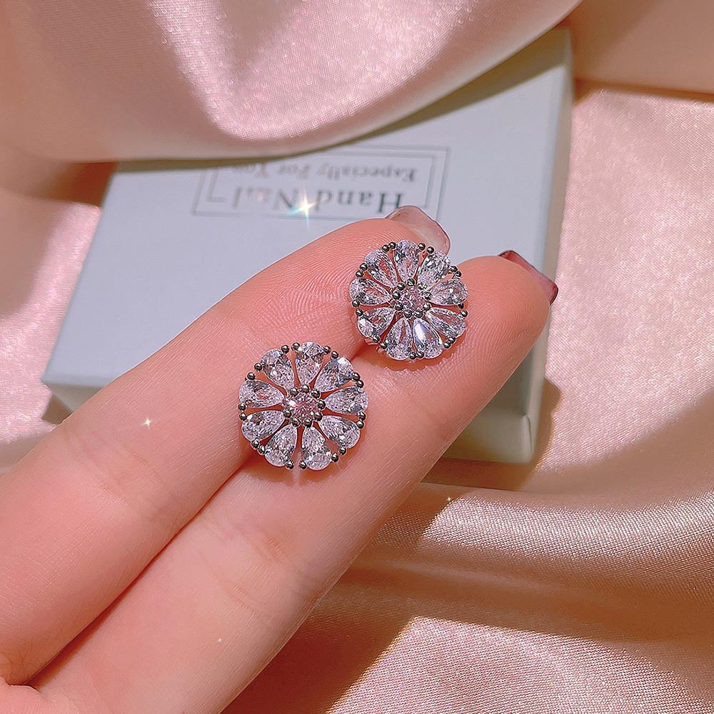 Flower Crystal Bling Diamonds Gemstones Pendant Earrings Ring Jewelry Sets for Women White Gold Filled Wedding Accessories Gifts