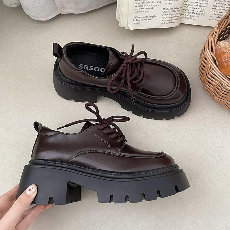 Damen Derby Schuhe Herbst Britischer Stil Damenschuhe Loafers Mit Fell Runde Zehen Clogs Plattform Casual Sneaker Leder Herbst Pr