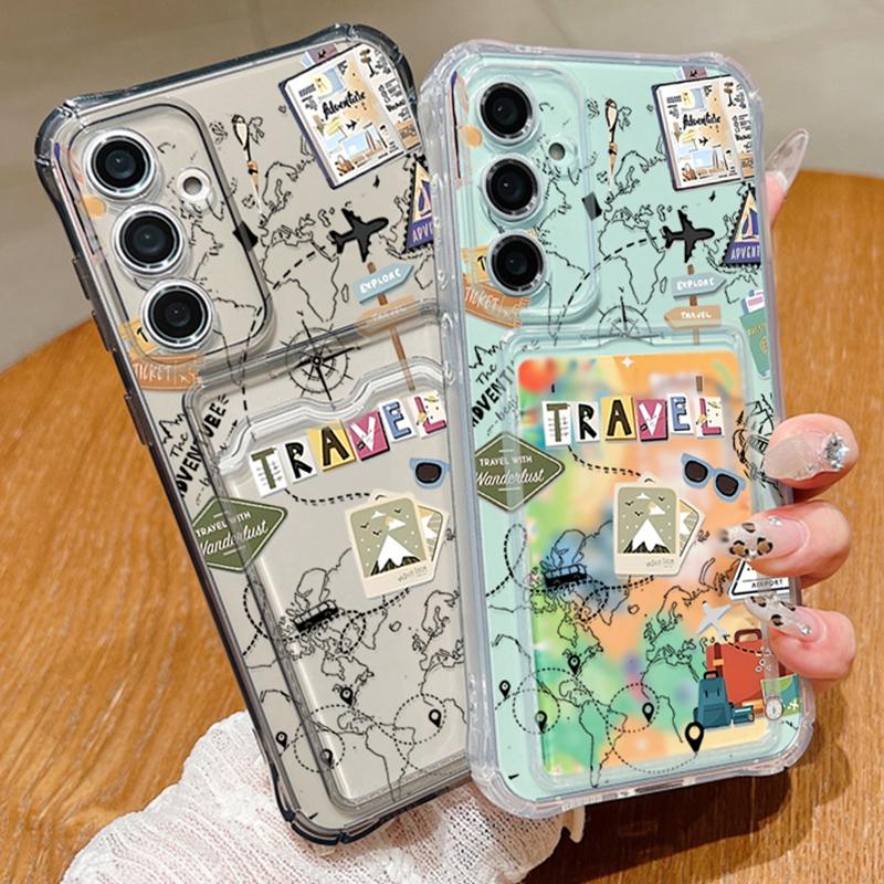 

Travel Map Print Card Bag Wallet Case For Samsung Galaxy S25 S24 S22 S21 Ultra S23 S24 FE A56 A55 A35 A15 A16 5G TPU Phone Cover Galaxy S22 5G