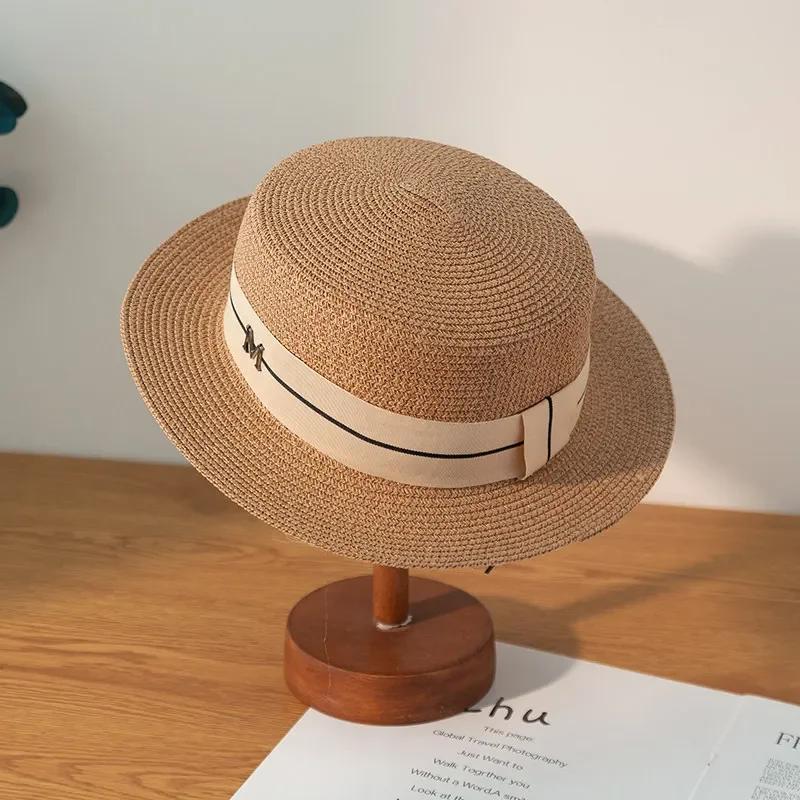 Summer New French Flat Top Straw Hat Summer Beach Hat Big Eaves Sunshade Grass Knitted Hat Retro Gift Hatted Girl