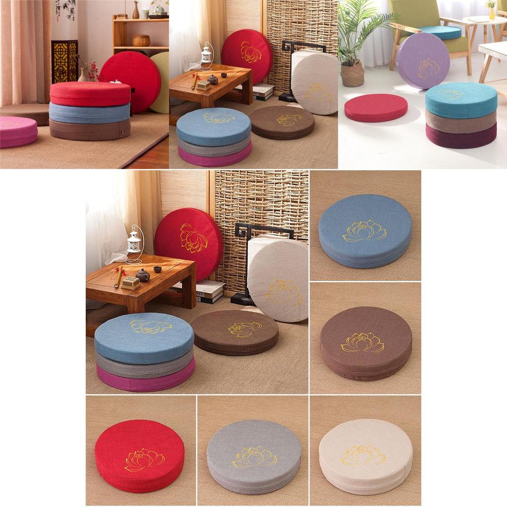 Plush Round Tatami Cushion Pad With Removable Washable Cover And Lotus Print