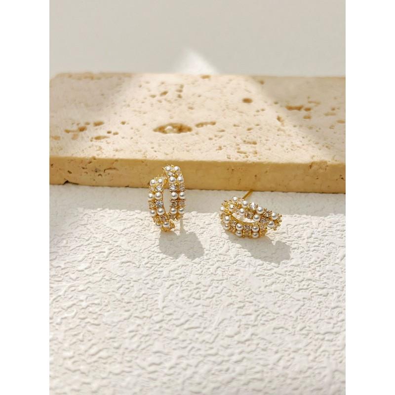 Elegant Pearl Zircon Stud Earrings Women Sterling Post Lightweight Fashion Jewelry Office Daily Wear