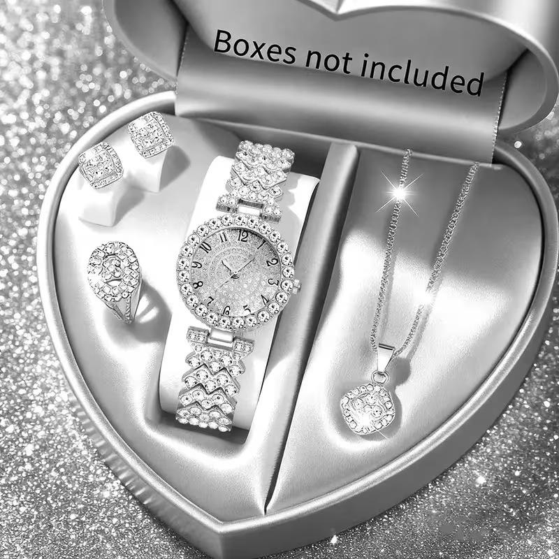 5Pcs Ladies Watch Set, Stylish Casual Ladies Quartz Watch And Necklace Ring Earrings Jewelry Set