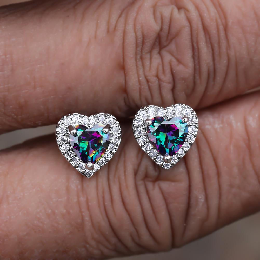 Dainty Female Rainbow Crystal Stone  Charm Silver Color Small Stud Earring Cute Heart Zircon Wedding Earrings For Women