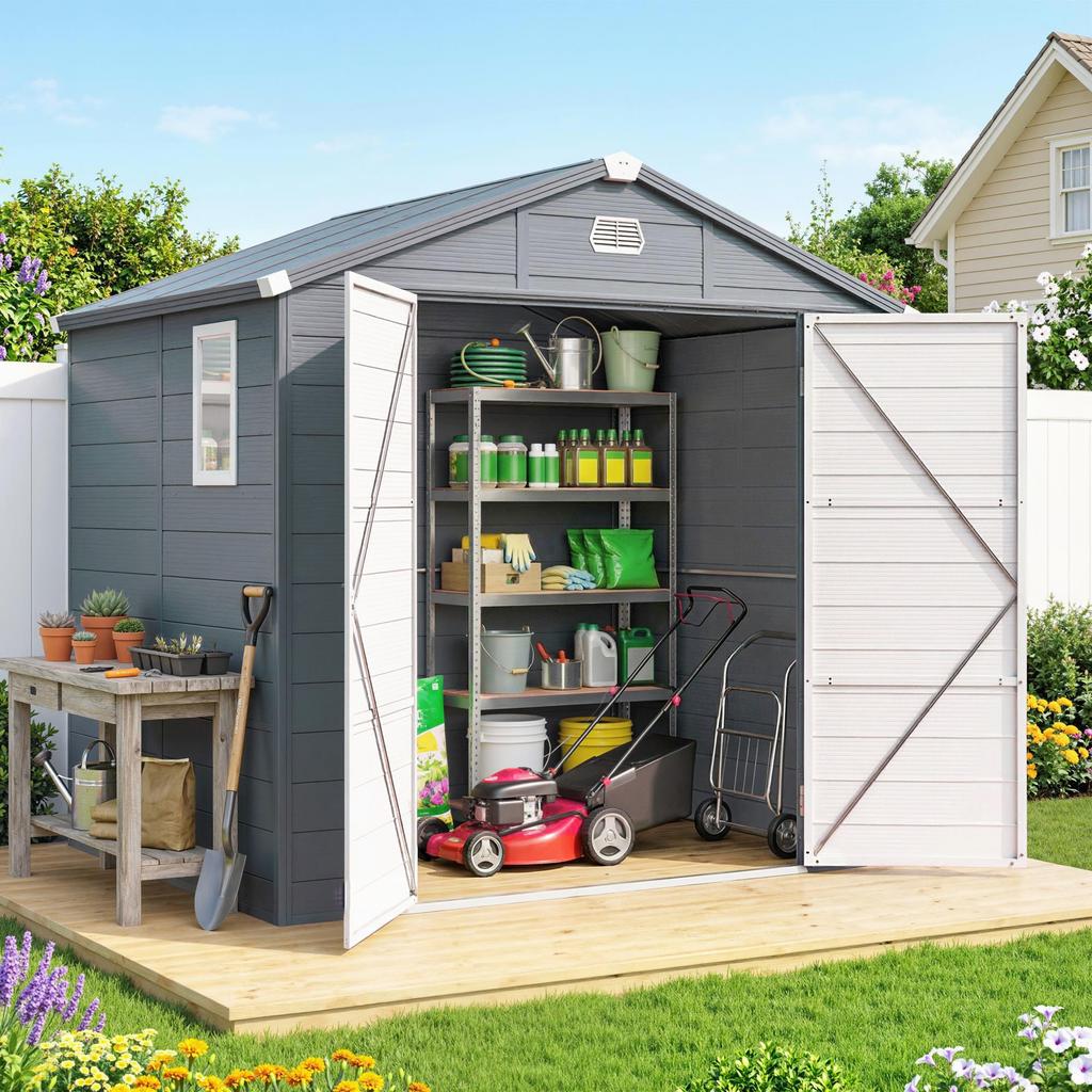 7.9ft X 6.2ft Aluminium Frame and Plastic Wall Shed, with Foundation - Grey