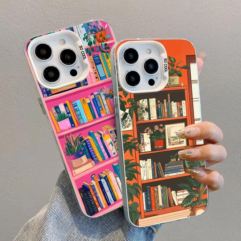 Art Bookshelf And Small Flowers Phone Case For iPhone 17 Pro Max 16 15 Pro 14 13 Mini 12 11 XR XS 17Air Plus Hard Matte Cover