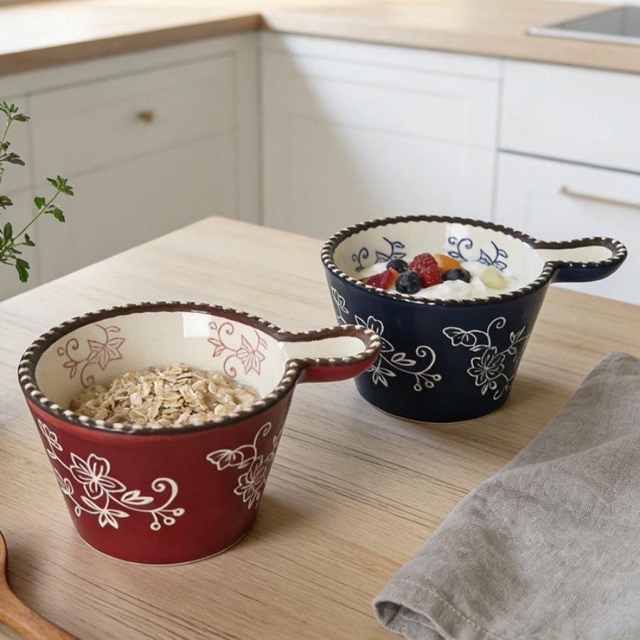 Ceramic Bowl with Handle Multifunctional Baking Bowl Oven Microwave Handmade French Tableware Coffee Cup Breakfast Cereal Bowl