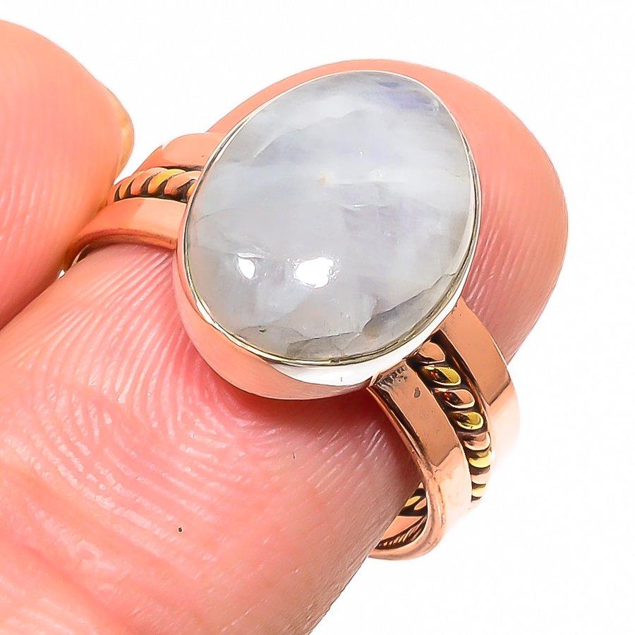 Natürlicher Regenbogen-Mondstein Zweifarbig 925 Sterlingsilber Schmuckring Gr. 8.5 f7l86