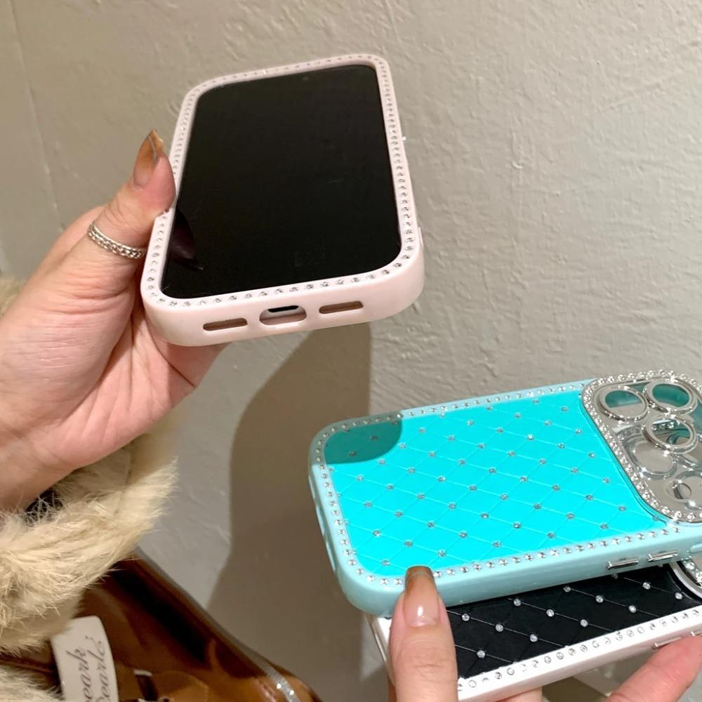 Fashion Solid Color Rhombus Grid Pattern Glitter Rhinestone Shock Proof Phone Cover Case for IPhone 17 16 15 14 13 Pro Max