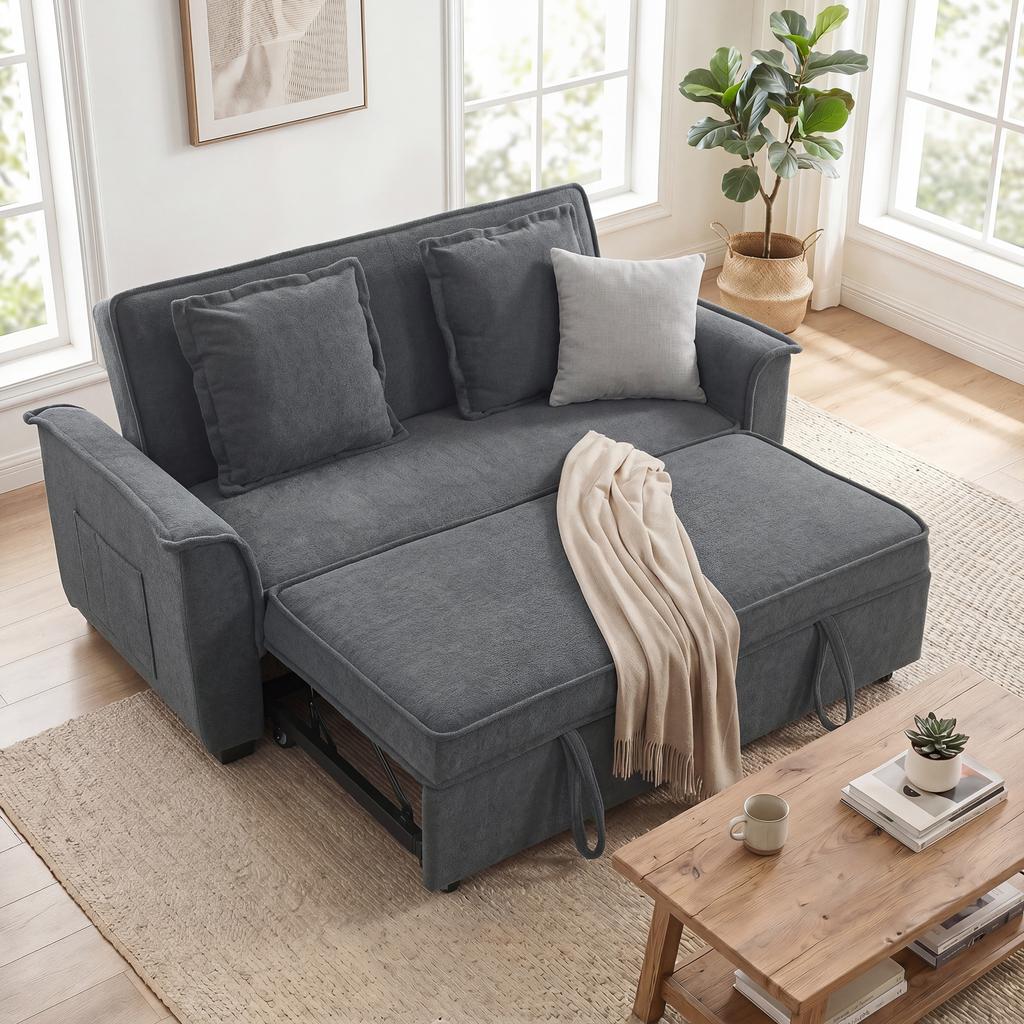 Futon Sleeper Sofa, Adjustable Backrest, 2-Seater with 2 Cushions, Dark Grey