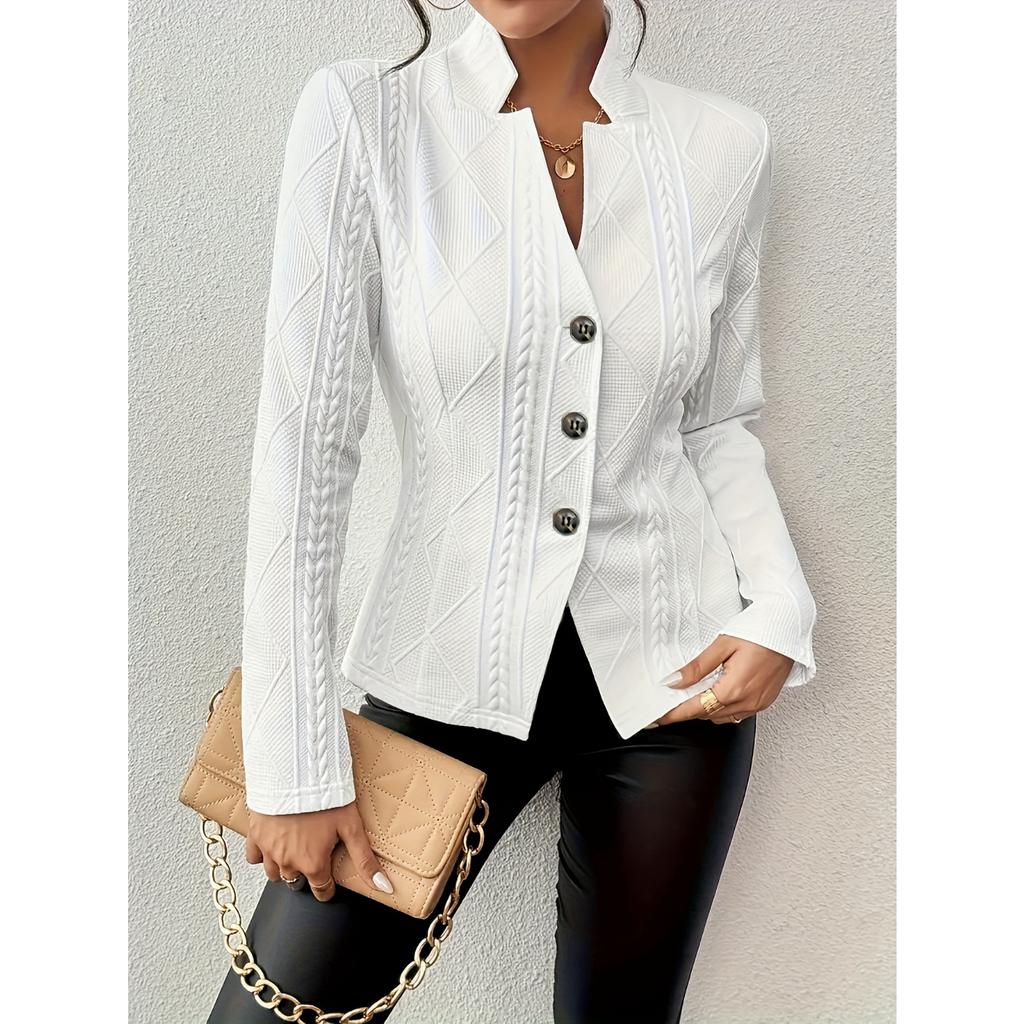 Autumn Winter Women's Button Pattern Blazer, Notched Lapel Tweed Office Jacket with Textured Design, Business Casual Coat for Commute Wear