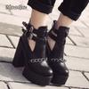 Punk Style Women's Short Boots Super High Heel Black Pumps Chain Decor Buckle Strap Booties Woman 2026 Platform Shoes Size35 42