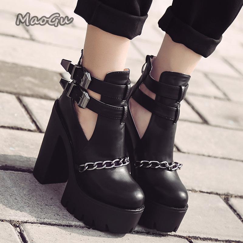 Punk Style Women's Short Boots Super High Heel Black Pumps Chain Decor Buckle Strap Booties Woman 2026 Platform Shoes Size35 42