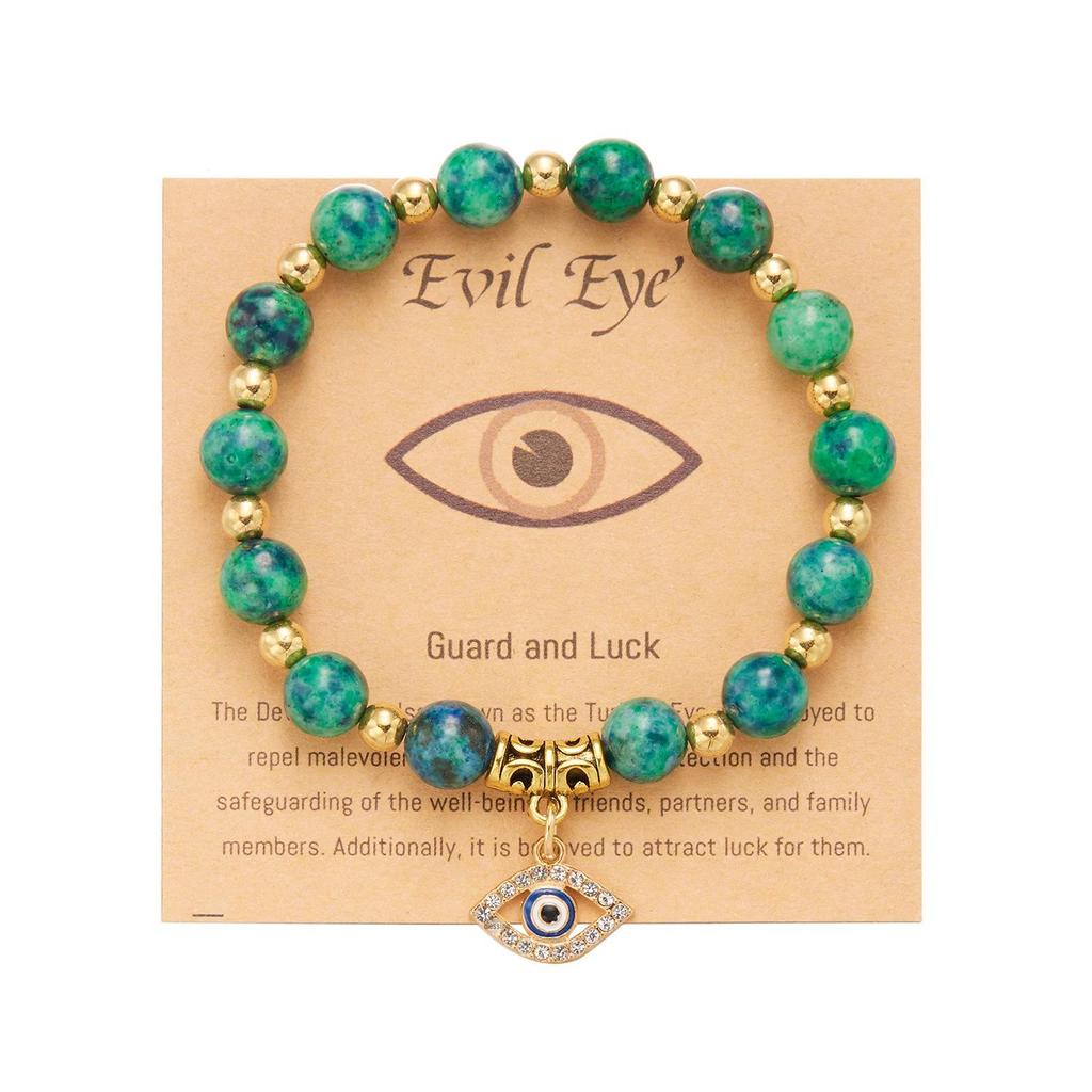 European-American Yoga Energy Bracelet with Natural Stone & Gold Spacer Beads, Featuring a Blue Evil Eye.