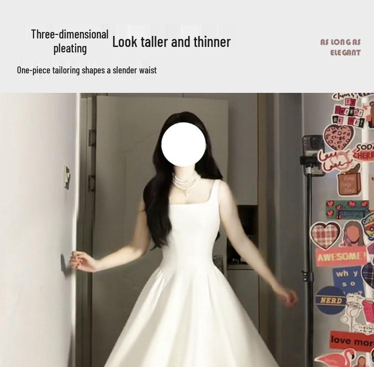 High-End White Sleeveless Slimming Camisole Dress for Girls with Inner Layer - Perfect for Spring Birthdays