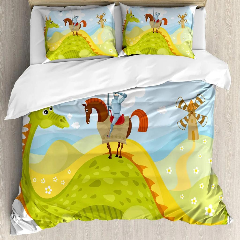 Fantasy Duvet Cover Knight Don Quixote Horse On Dragon Valley Medieval Image Print Double Queen King Size Polyester Qulit Cover