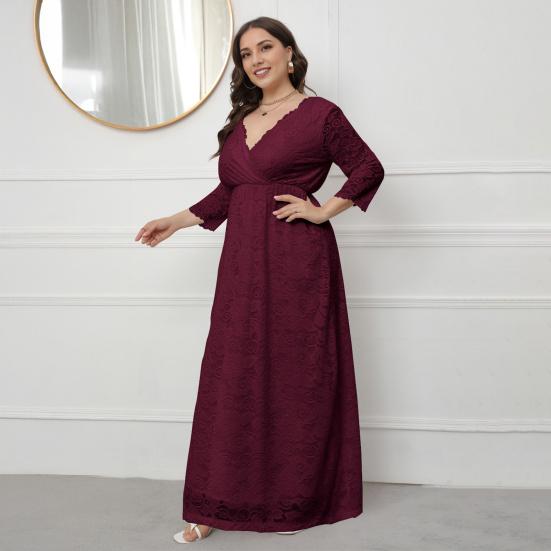 Women Maxi Dress V-Neck 45720 Sleeve High Waist Long Dress Embroidery Lace Flower Wedding Vacation