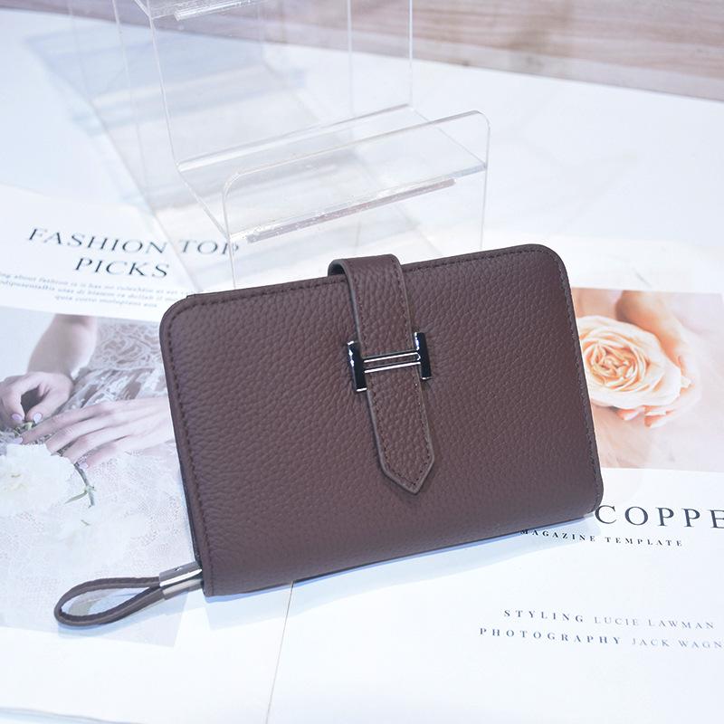 Portefeuille court pour femme en cuir de vachette véritable de haute qualité, double pli avec fermeture éclair, première couche de cuir de vachette, sac à main motif litchi fait main