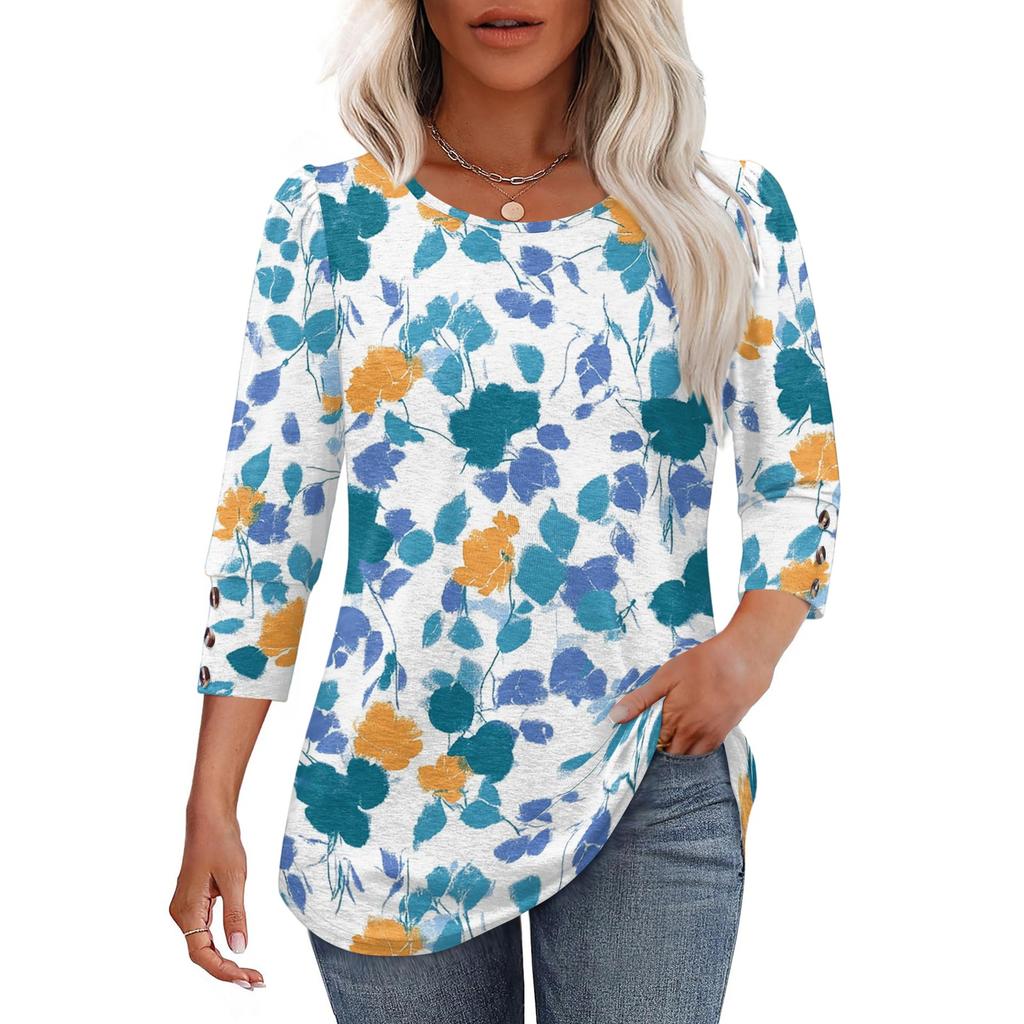 Damen Freizeit lockerer Schnitt Rundhalsausschnitt Oberteil Dreiviertelärm Blumenprint Leichte Bluse für den Alltag