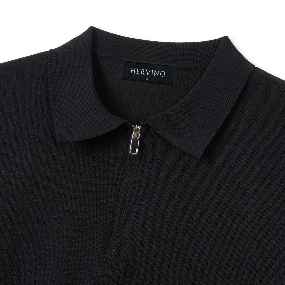 HERVINO Soft Half-Zip Muscle Fit Collared Short Sleeve Knit [Black]