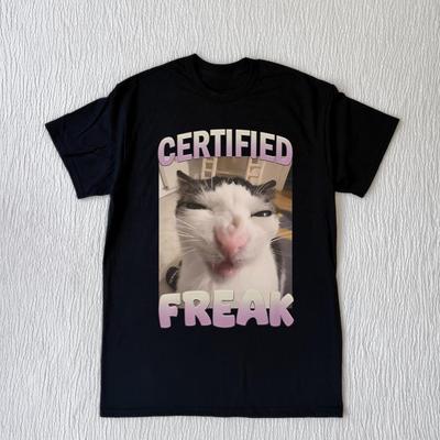 Funny Certified Freak Cat Emoji Pattern Retro Funny Cat Retro Wash Old T-shirt Cat Lovers Gift Funny Teenagers Short Sleeves Top