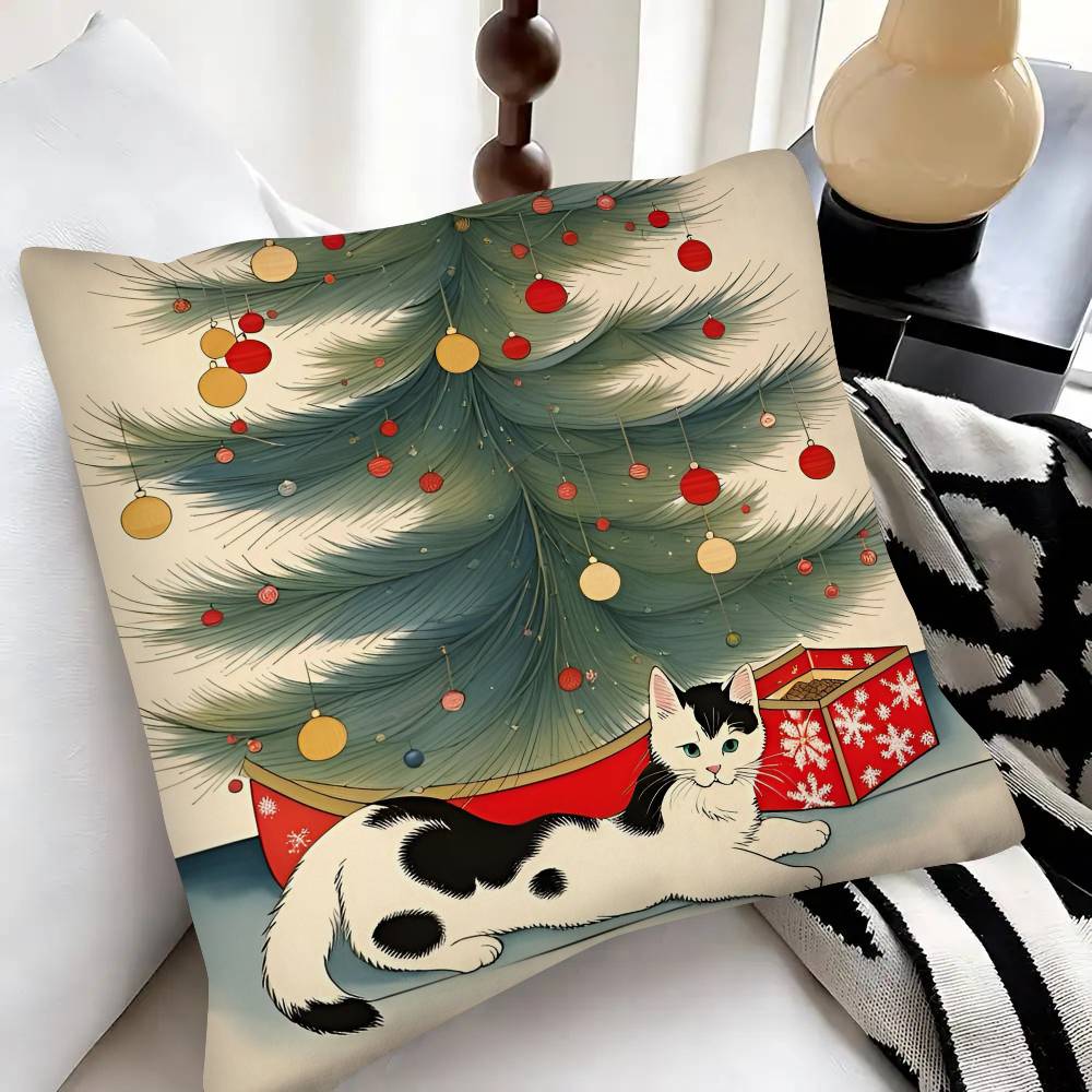 Cute Christmas Cat Pillow Case Fashion Square Pillowcase Bedroom Sofa Room Ins Decoration Leisure