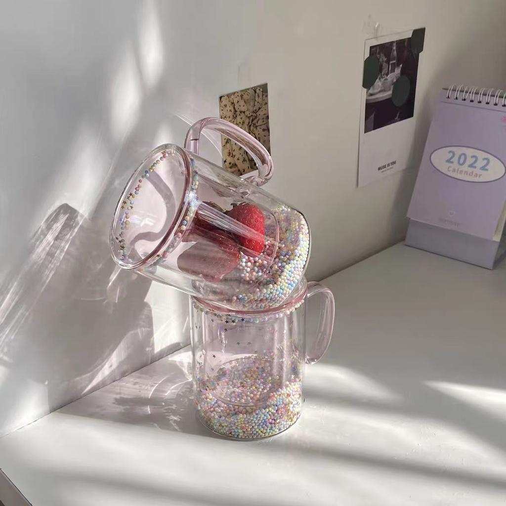 Heat Resistant Girl Heart Quicksand Double Glass Mug with Anti-Scald Handle Sparkling Bubble Ball Couple Gift Small