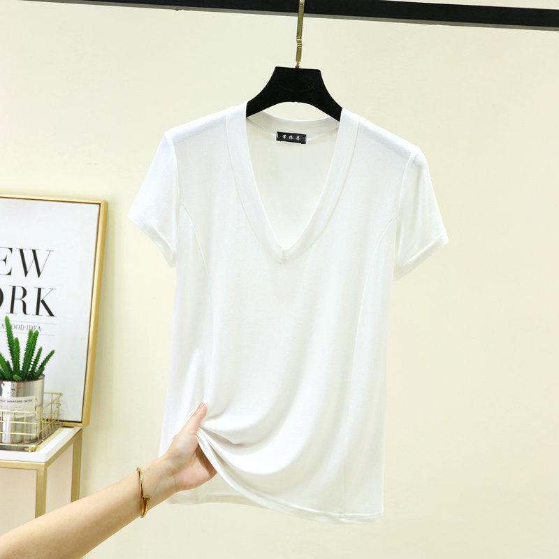 Plus size L to 6XL Modal V-Neck T-shirt Short sleeved Tees Women Ultra-thin Layering Top solid color base layer tops