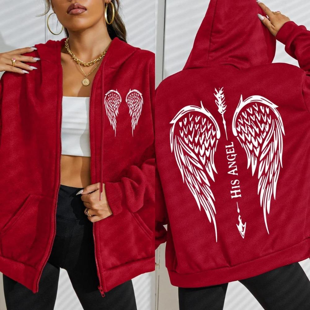 His Angel Creative Wings Art Letter Printing Zipper Hoodies Woman Hoodie Casual Soft Hoody Fleece Comfortable Streetwear