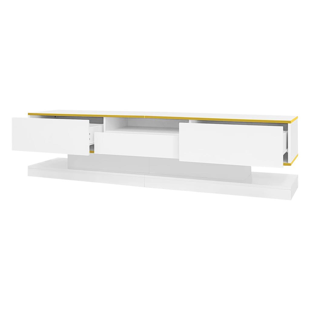 TV-Schrank, mit 3 Schubladen und offenem Fach, mit LED-Beleuchtung und goldenen Akzenten, modernes Lowboard mit viel Stauraum