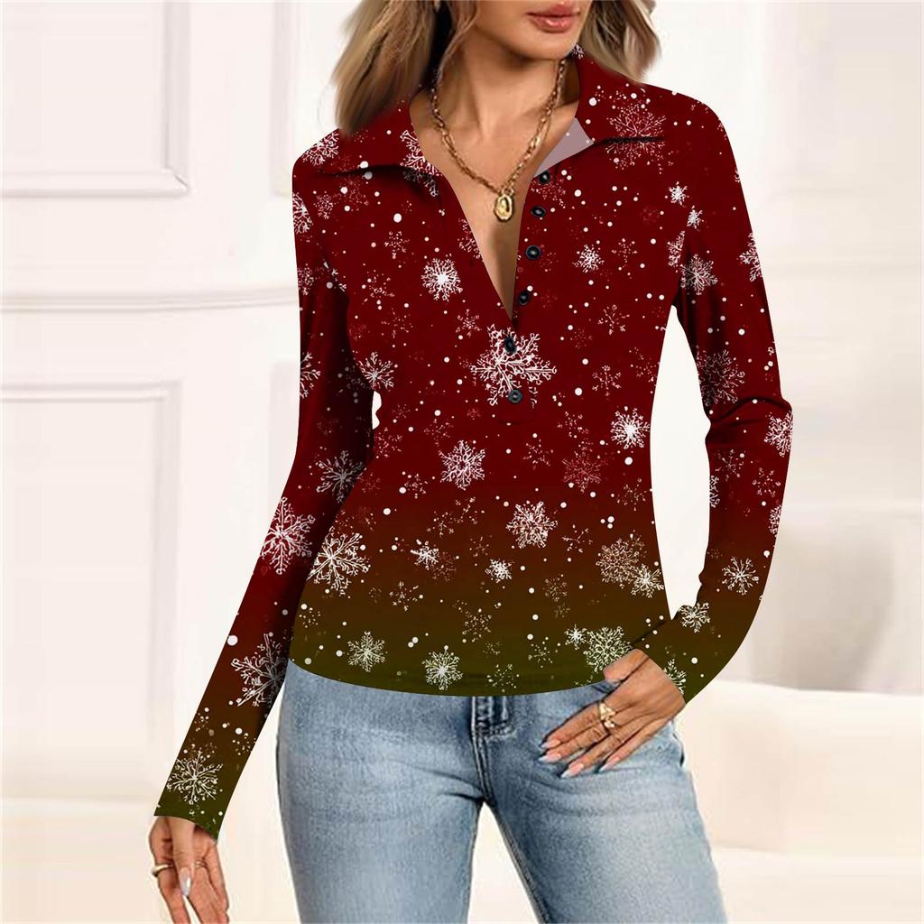 Damenmode Lässig Bedrucktes V-Ausschnitt Langarm Knopfleiste Oberteil