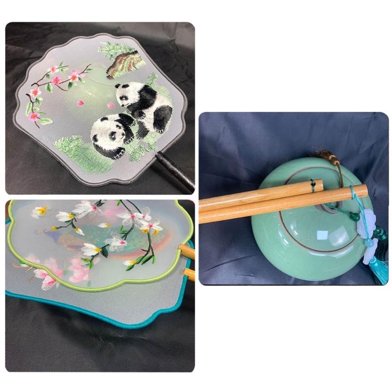 Chinese Styles Ancient Embroidery Fan Decorations Long Handle Tassels Double Side Hand Fan for Womens Girl Performances