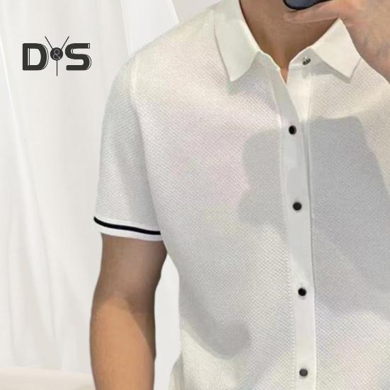 Pánská košile s krátkým rukávem, klopou a knoflíky, topy s pruhy, lemováním, prodyšná letní ležérní košile