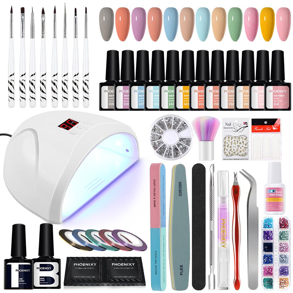 

Набор гель-лаков PHOENIXY со светодиодной лампой для цветов, набор УФ-гель-лаков для ногтей, набор инструментов для дизайна ногтей, базовый лак для маникюрного салона