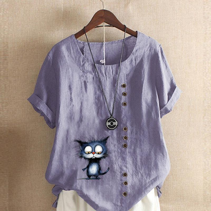 Women's Fashion Blue Cat Prined Short Sleeve T-shirt Loose Cotton Shirt Casual Loose Summer Blouse Tops Plus Size