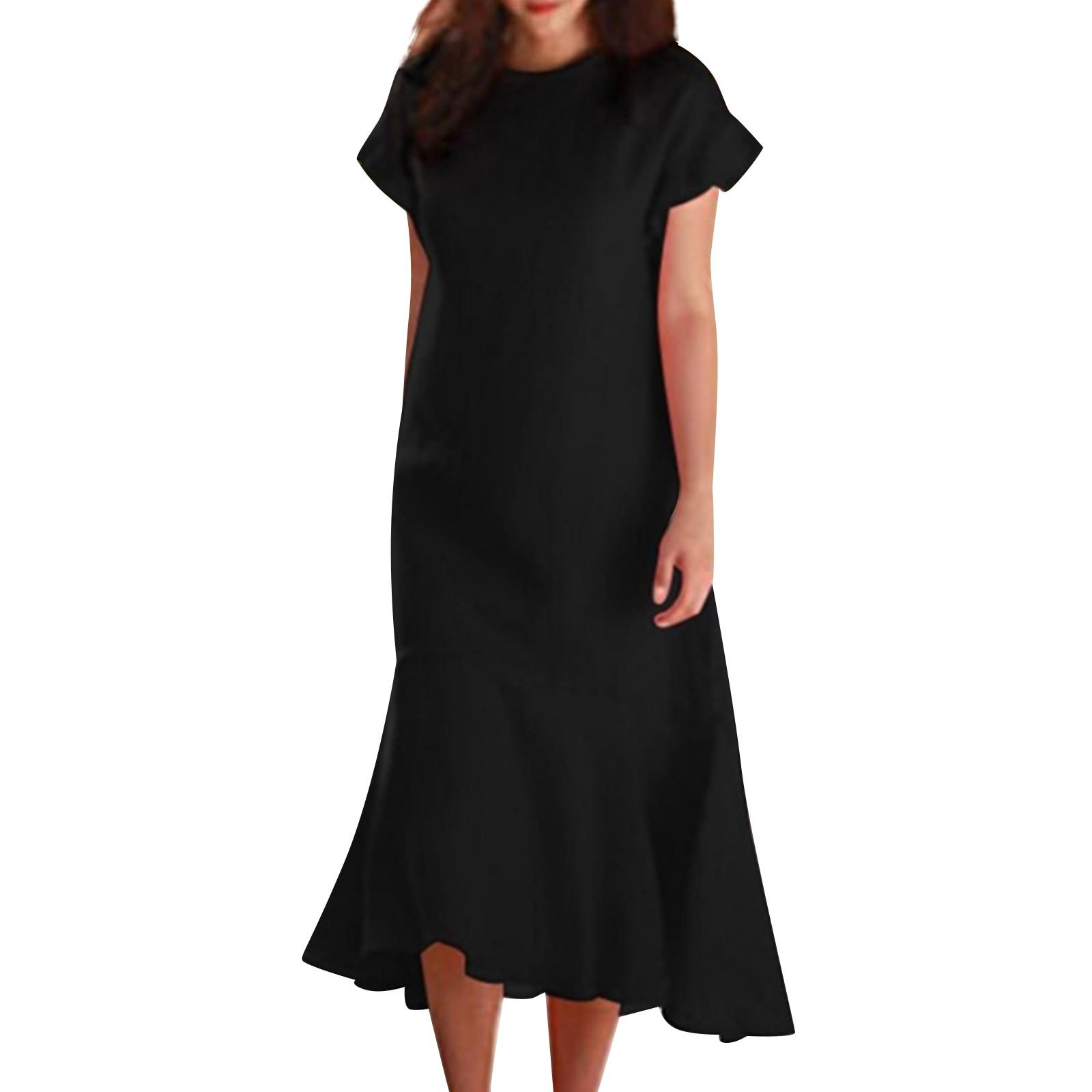 

Женские длинные платья из хлопка и льна с круглым вырезом, оборками, короткими рукавами и нерегулярным краем L чёрный