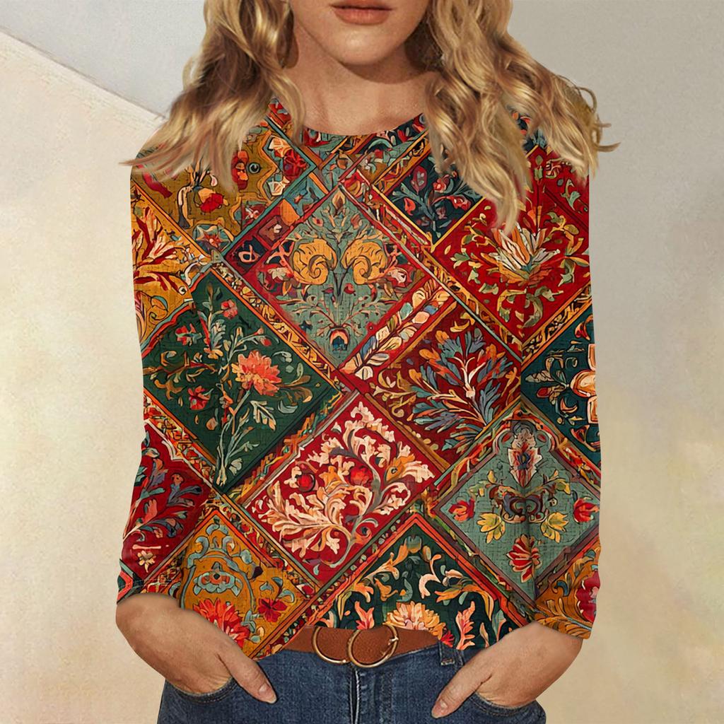 Dámská móda Květinový potisk Krk Dlouhý rukáv Pulovr Top