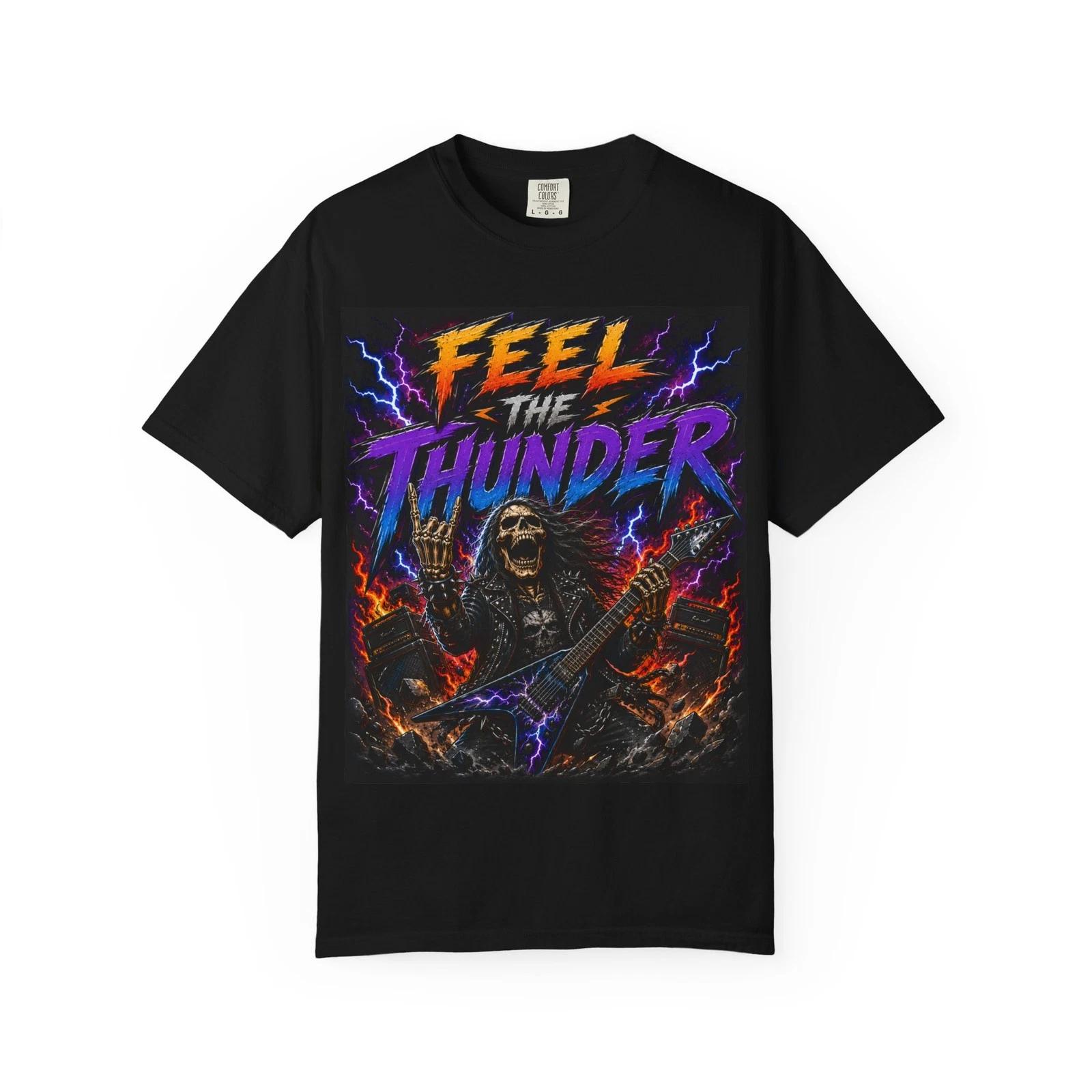Feel the Thunder skeleton guitarist T-Shirt | Heavy Metal band tee L