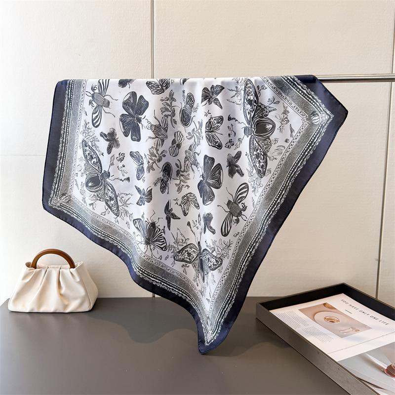 Spring Summer Luxury 70Cm Square Silk for Women's Scarf Animal Insect Printed Satin Scarves Shawl Headscarf Headband Bandana