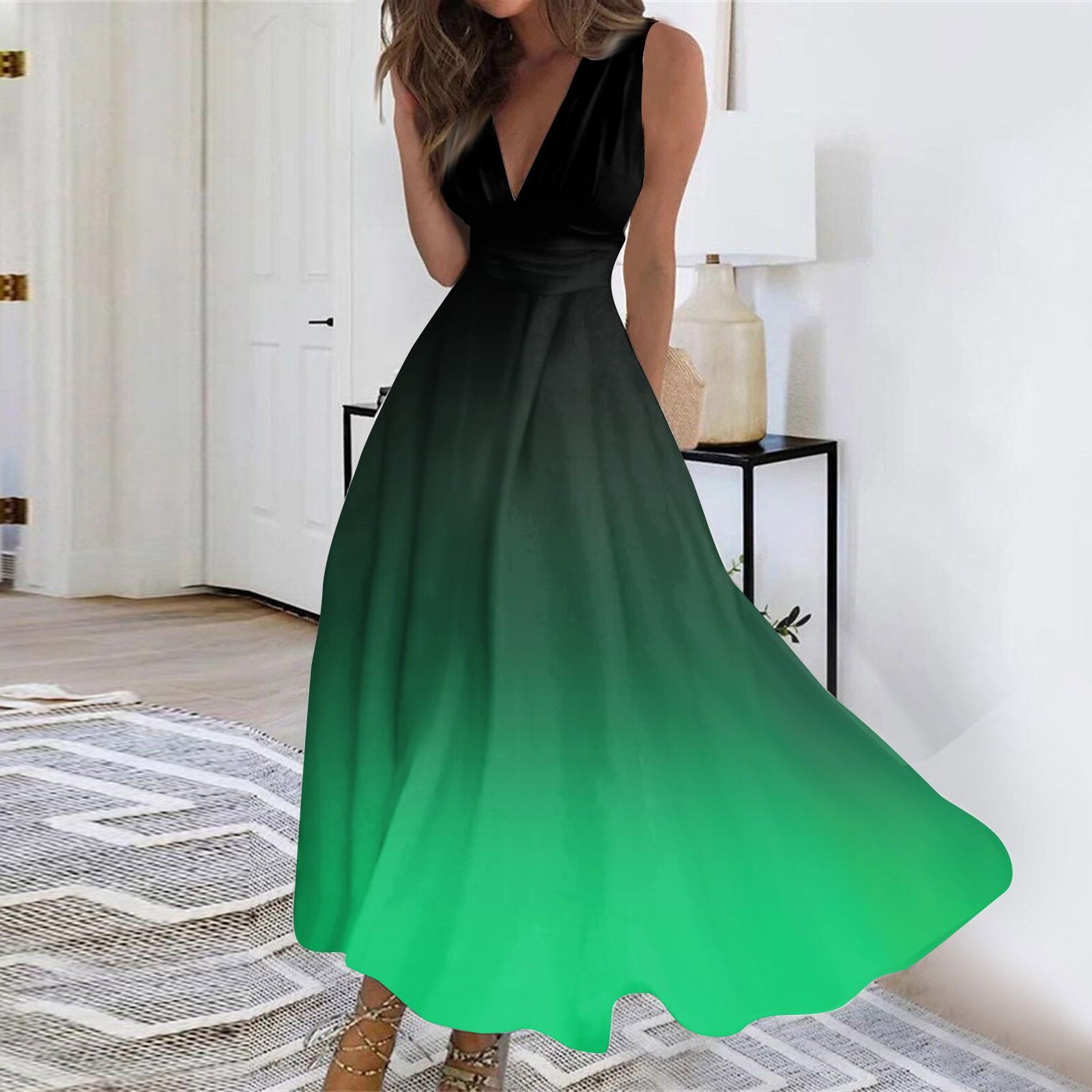 

Женское длинное платье Платье макси Повседневное платье Свободное платье Платье трапециевидной формы Модная уличная одежда Платье без рукавов с v-образным вырезом и принтом даты L зелёный