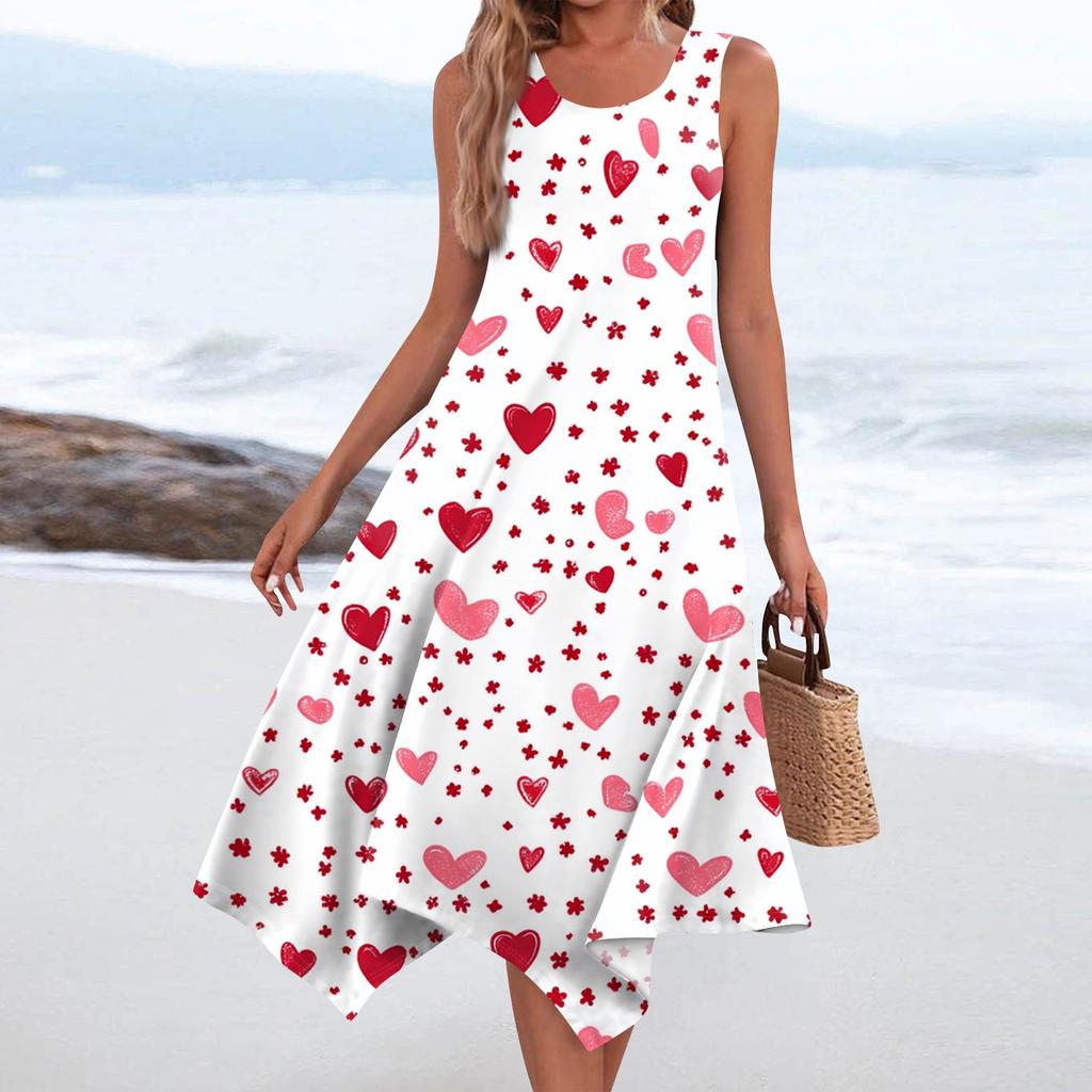 Women's Casual Fashion Round Neck Sleeveless Print Irregular Hem Midi Dress