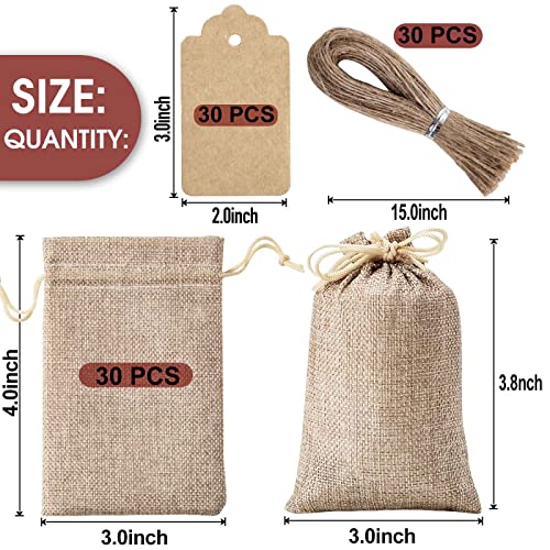 30 drawstring linen bag with tag and lanyard reusable gift storage bag for wedding party, jewelry storage, Christmas and coffee related gifts brown