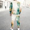 Men Plus Size Round Neck Long Sleeve Printed Blue Gold Two Piece Pants Set