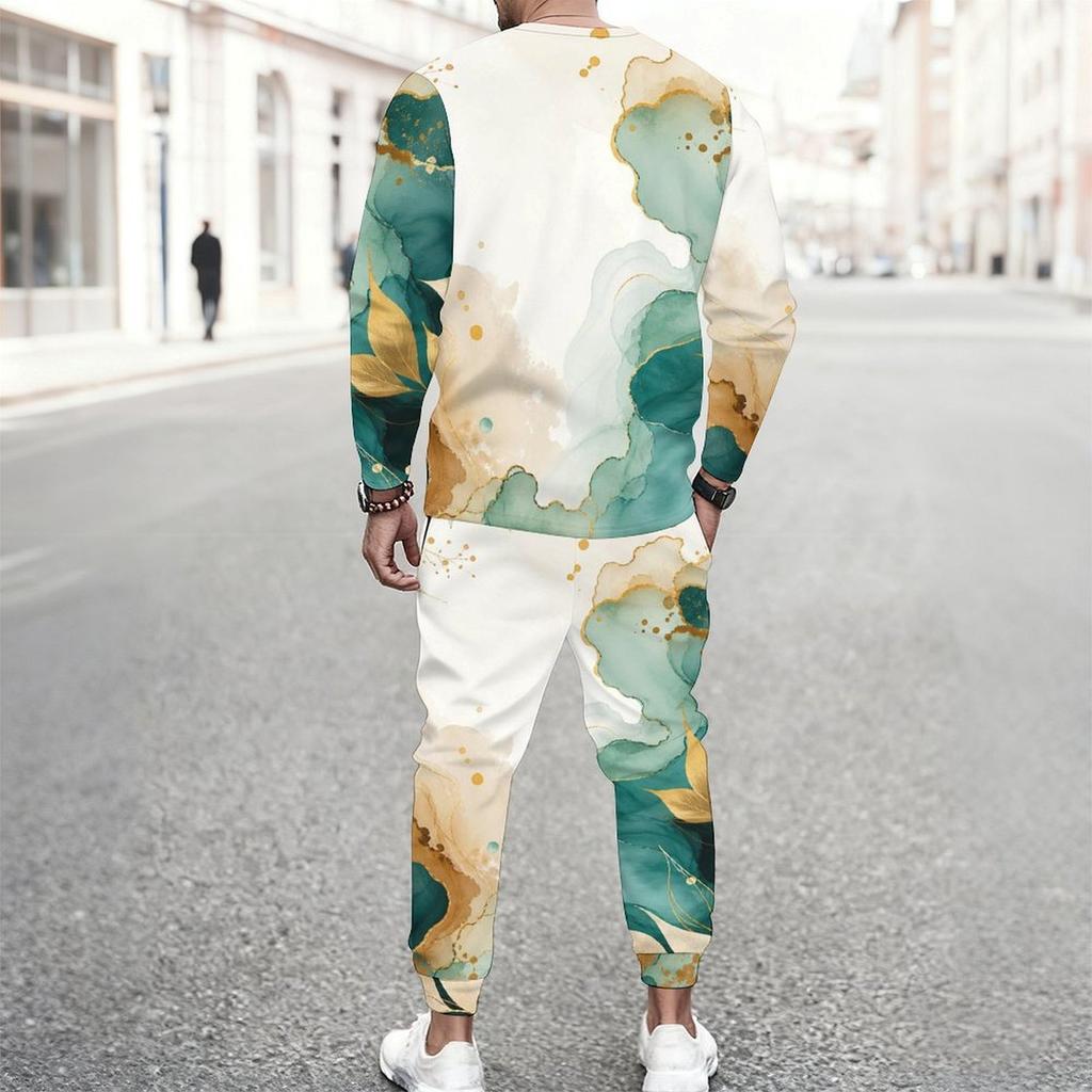 Men Plus Size Round Neck Long Sleeve Printed Blue Gold Two Piece Pants Set