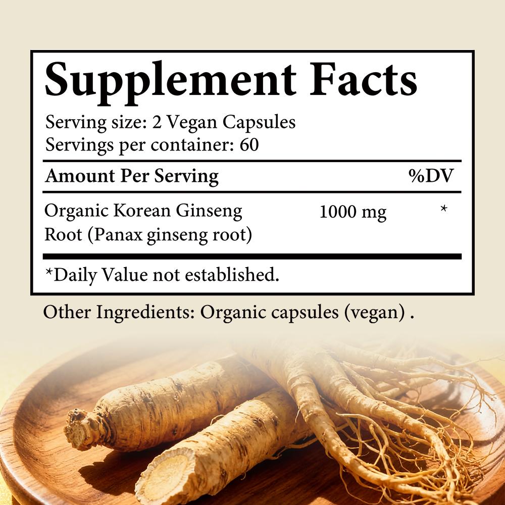 Bio Koreanische Ginsengwurzel 1000mg 120 Vegane Kapseln Nahrungsergänzungsmittel