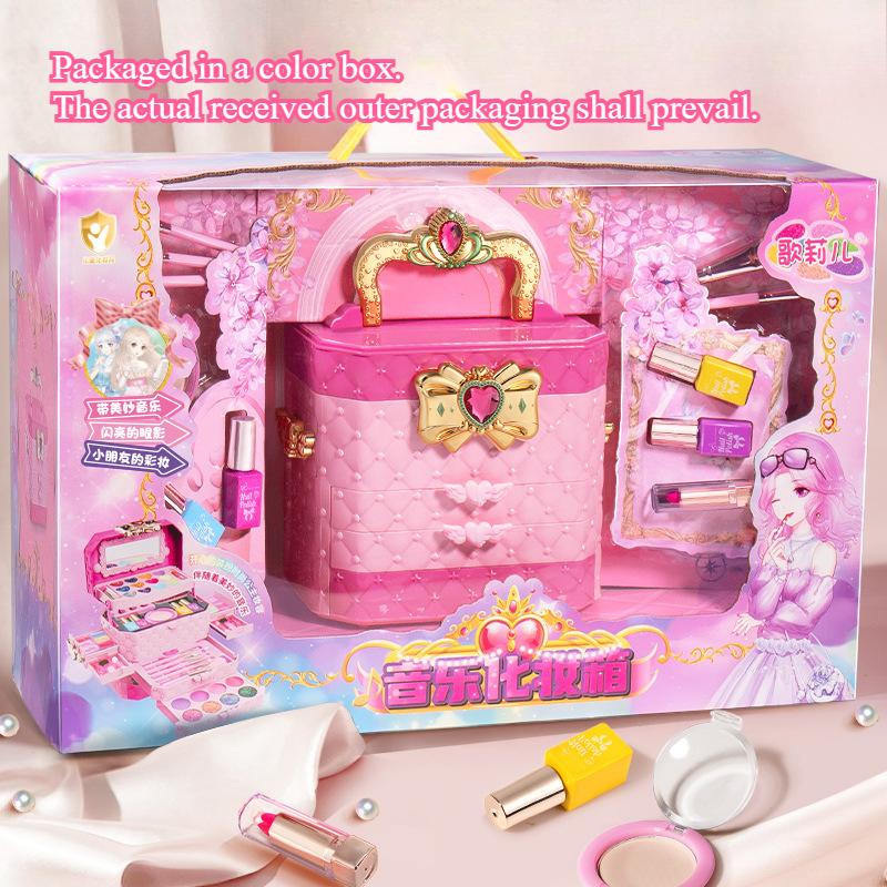 Conjunto de Maquiagem para Meninas Caixa de Cosméticos Brinquedo de Três Camadas Pincéis de Maquiagem de Brincar para Crianças Batom Blush Sombra Esmalte Brinquedo de Beleza Princesa