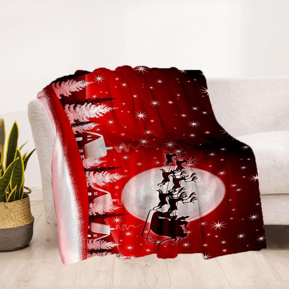 Christmas Greeting Card with Santa Claus and ReindeerBlanket Flannel Throw Blanket for Sofa, Bed, Travel, Camping, Office, Couch, Chair, And
