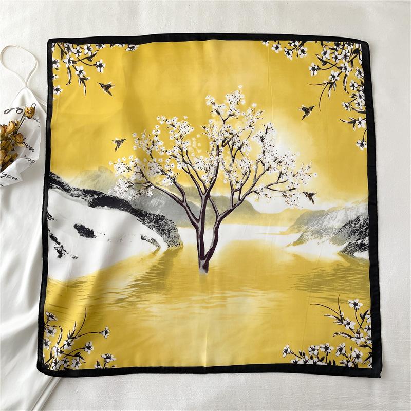 Elegant Small 71cm Small Square Scarf Travel Simulation Silk Temperament Pattern Scarf Flower and Bird Sunscreen Shawl Thin Silk Scarf Women
