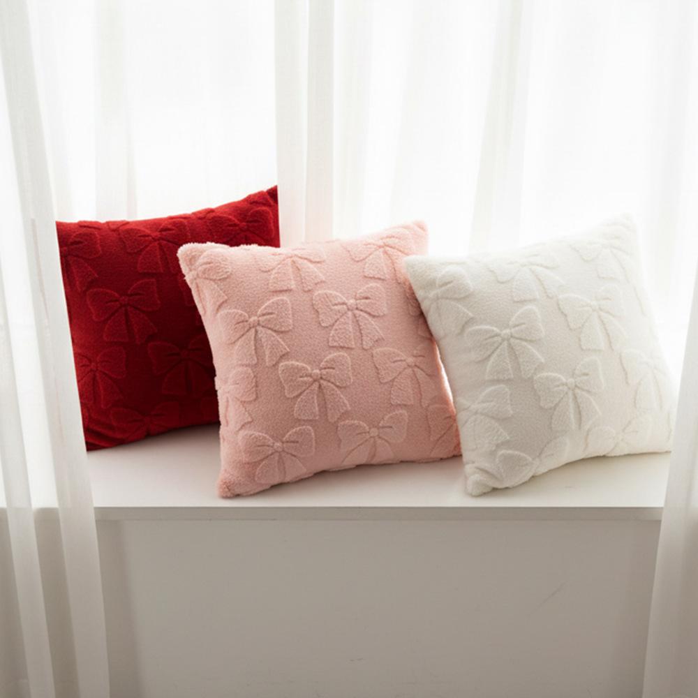 Solid-Color Rabbit Fur Jacquard Bow Pillowcase Cojines Lovely Plush Living Room Sofa Decoration Pillow Cushion Covers 45x45cm